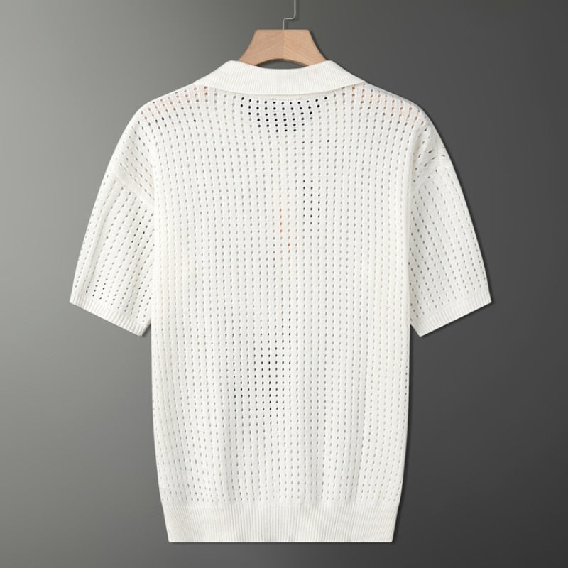 Witte luchtige herenpolo met fijne knitstructuur