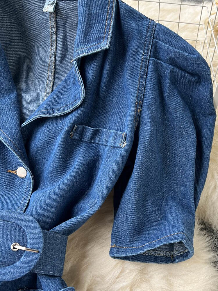 Retro slim fit backless denim jurk – bubbelmouwen korte mini outfit