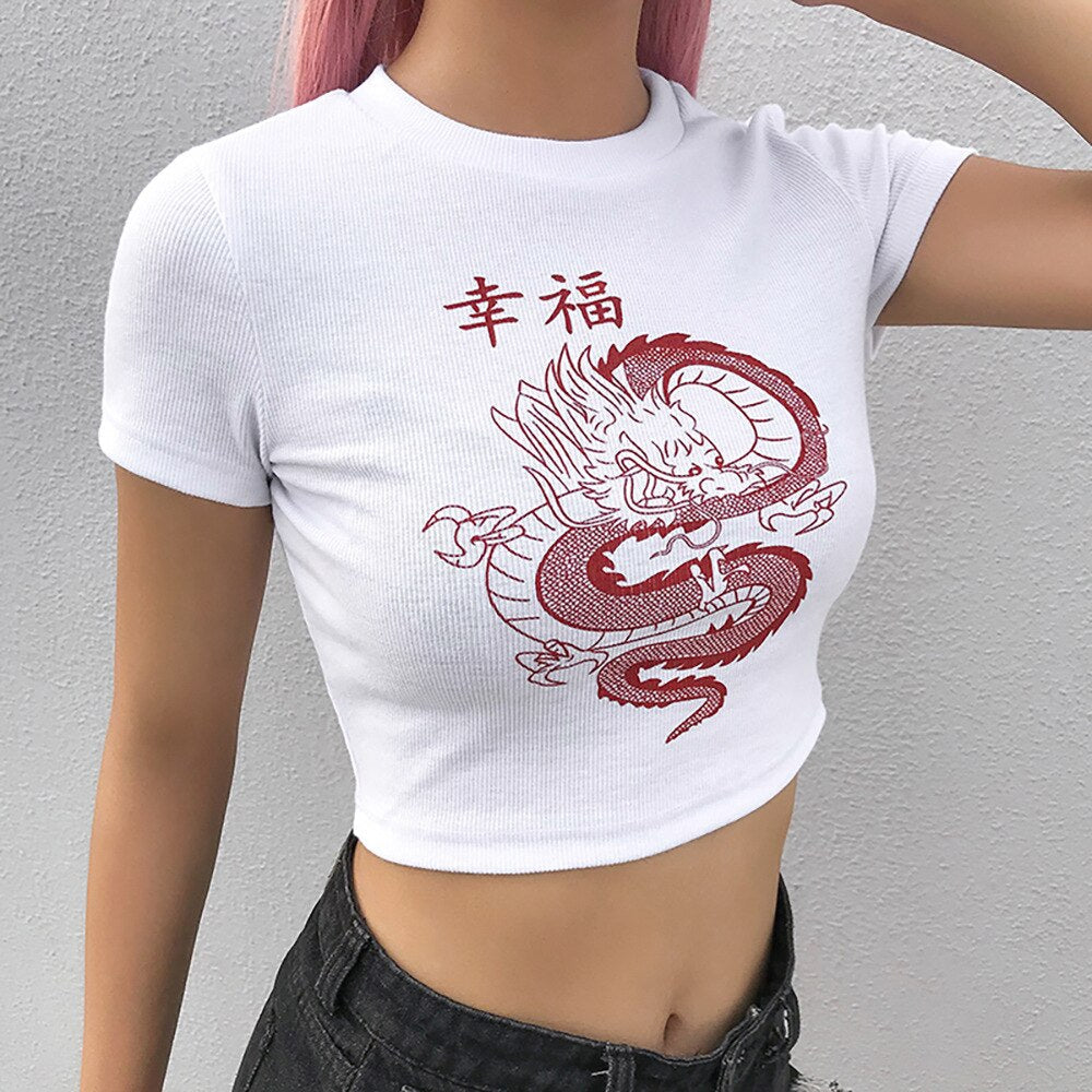 Crop-T-shirt Celie met retro drakenmotief