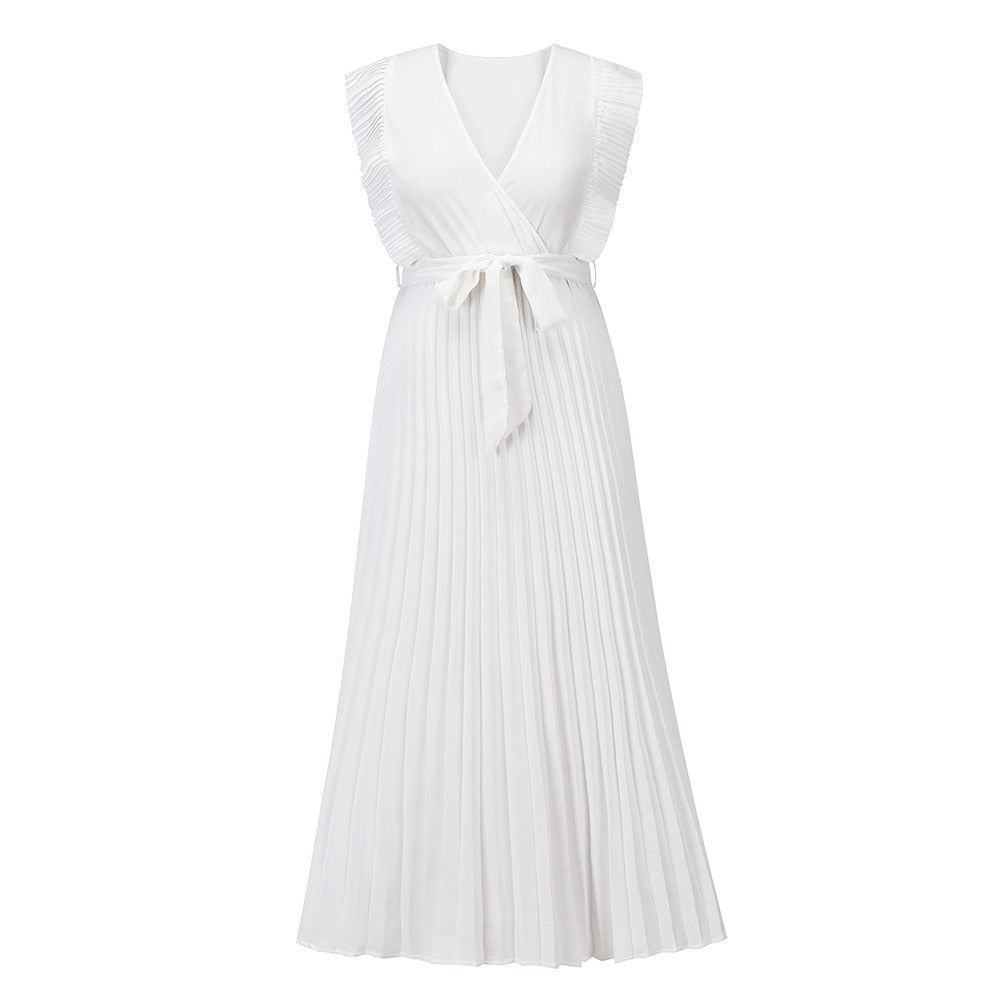Mouwloze V-Hals zomerjurk – geplooide chiffon maxi met riem