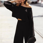 Casual losvallende effen wafel voorjaarsset – hoge taille wijde broek & lange mouw