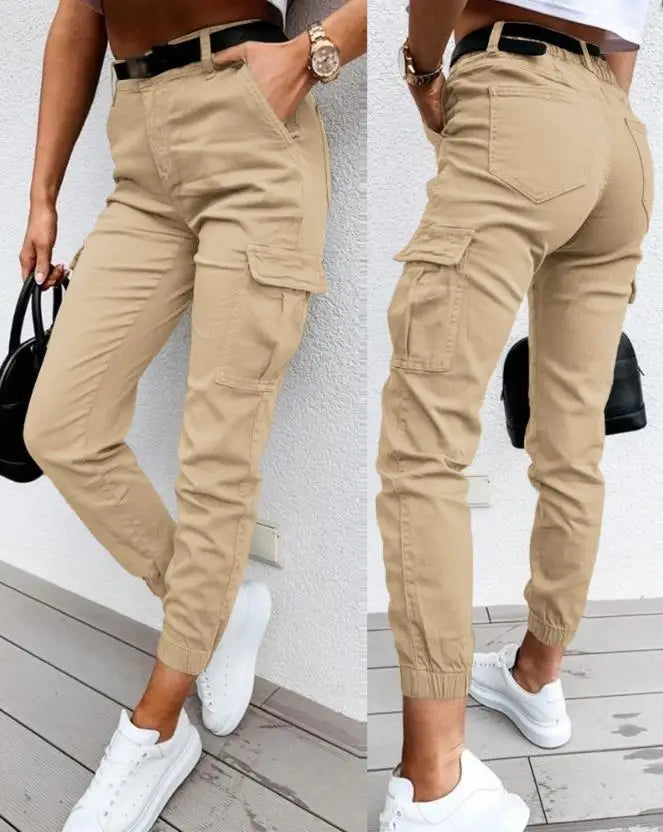 Dames cargo broek met stretch en hoge taille