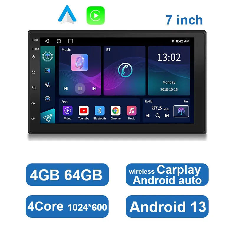 Universele android auto stereo met touchscreen, GPS en draadloze carplay