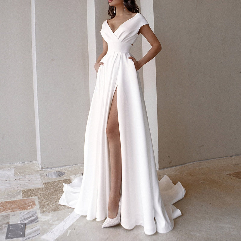 V-Hals jurk met zijsplit – hoge taille formele jurk