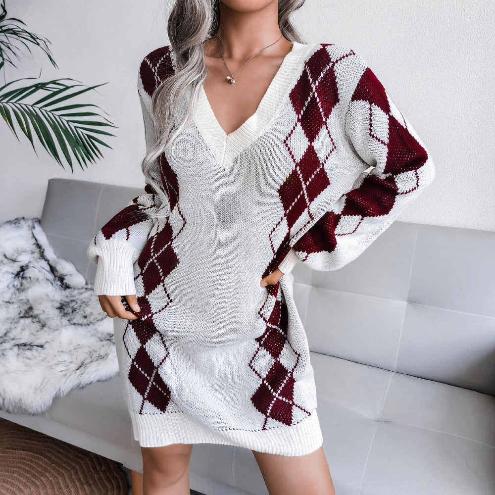 Herfst winter dames V-hals lange mouw geruite trui rok set