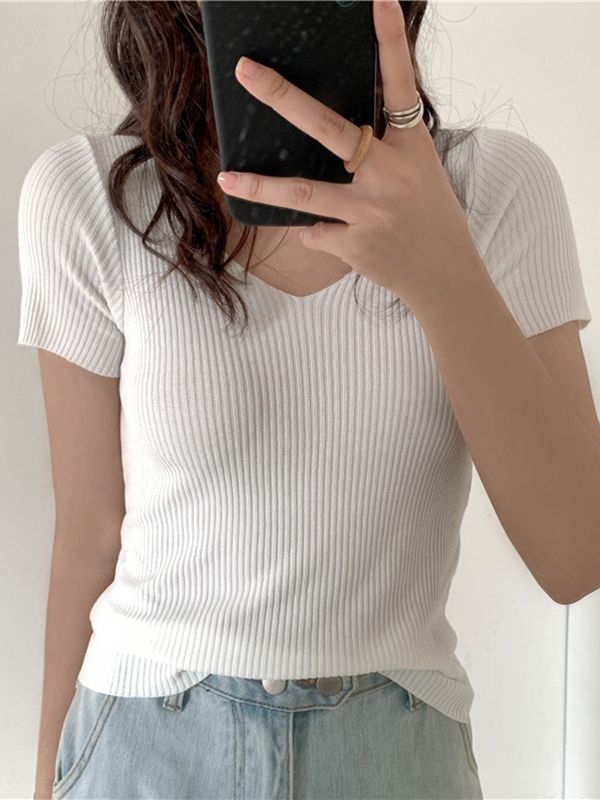 Korte mouw gebreide pullover – Zomer V-Hals geribd slim fit T-Shirt
