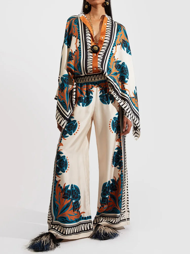 Tweedelige dames linnen streetwear-set met ethno-print