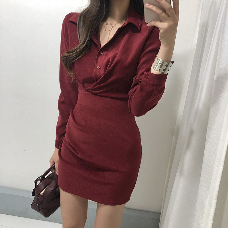 Turn down kraag enkele borst bandjurk – hoge taille plooi bodycon