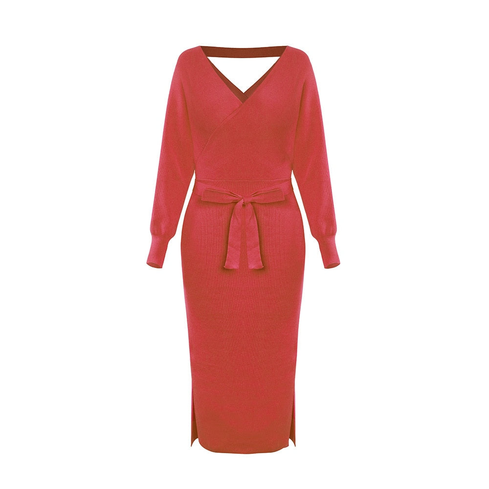 Gebreide V-Hals jurk – slim fit wol mode
