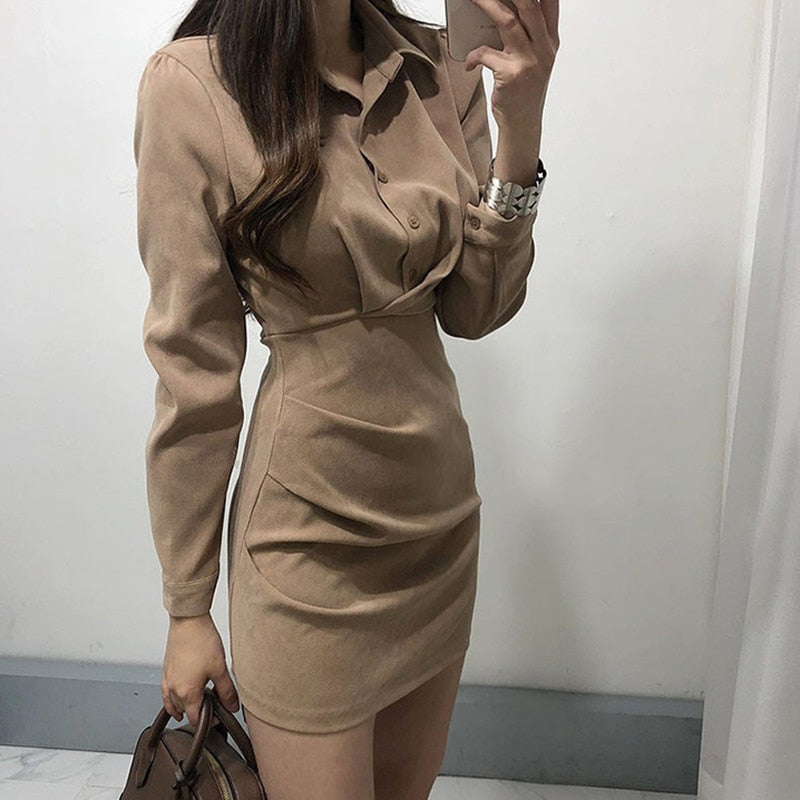 Turn down kraag enkele borst bandjurk – hoge taille plooi bodycon