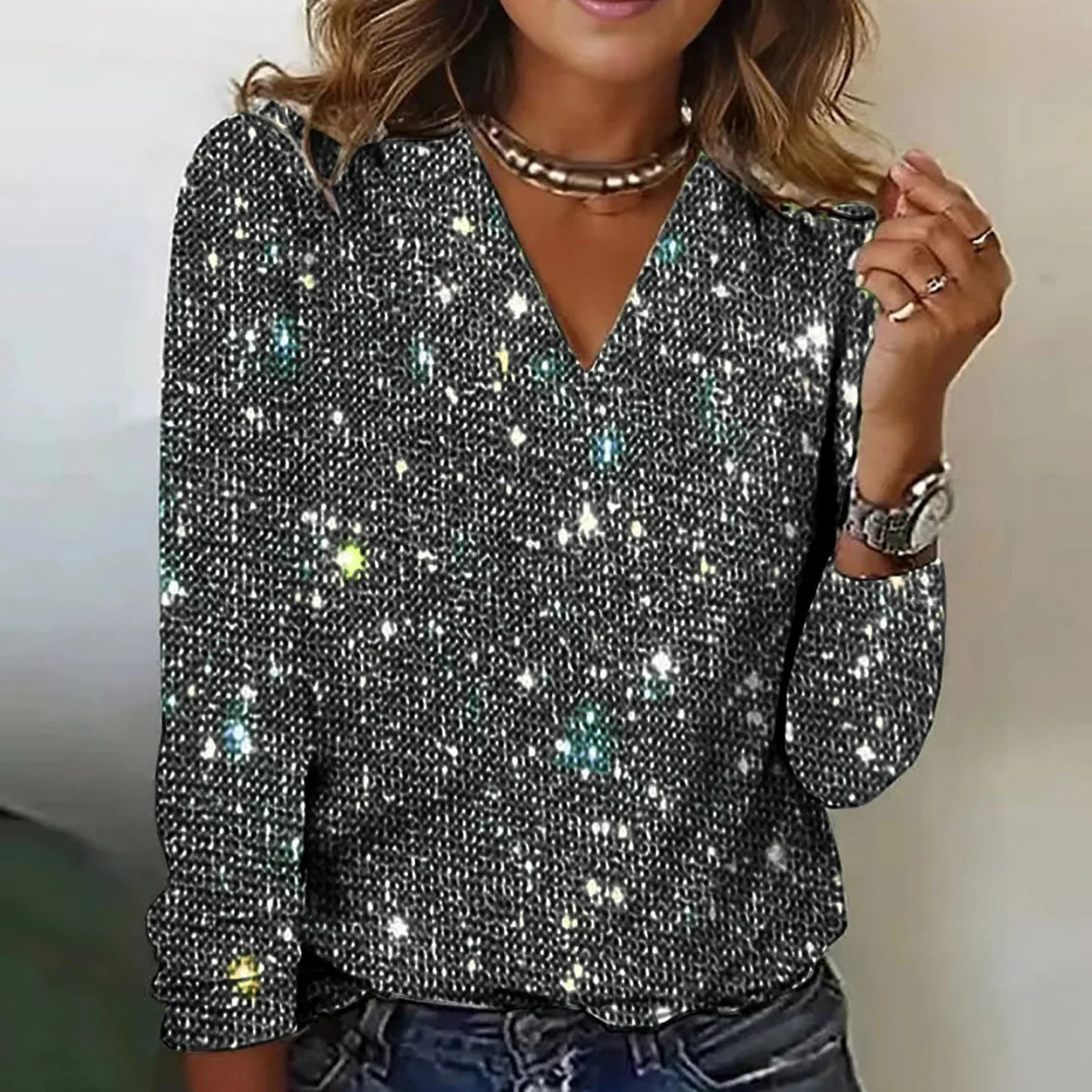 Savannah | Glanzend shirt met lange mouwen en V-hals