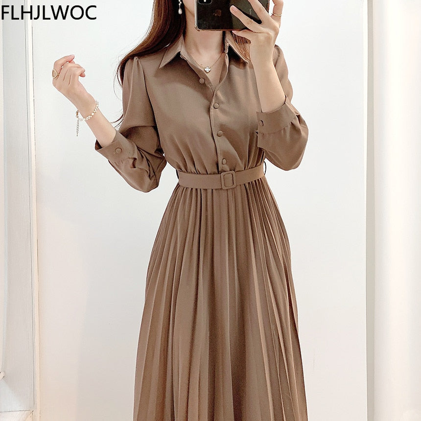 Hoge taille geplooide maxi jurk – lange mouwen met riem