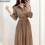 Hoge taille geplooide maxi jurk – lange mouwen met riem