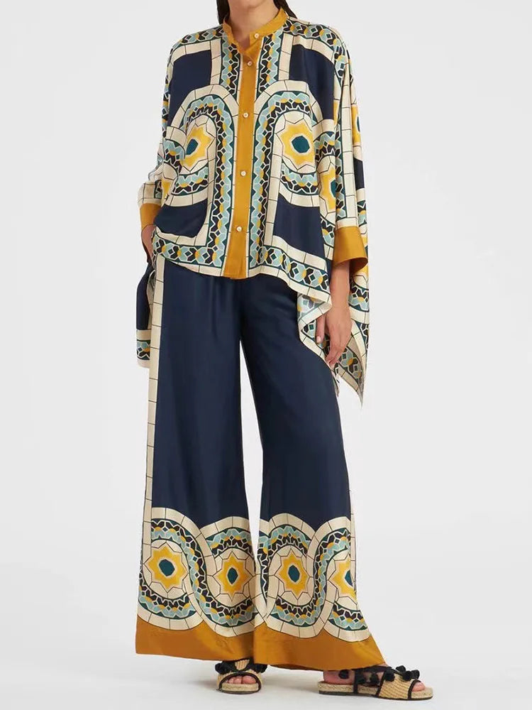 Tweedelige dames linnen streetwear-set met ethno-print