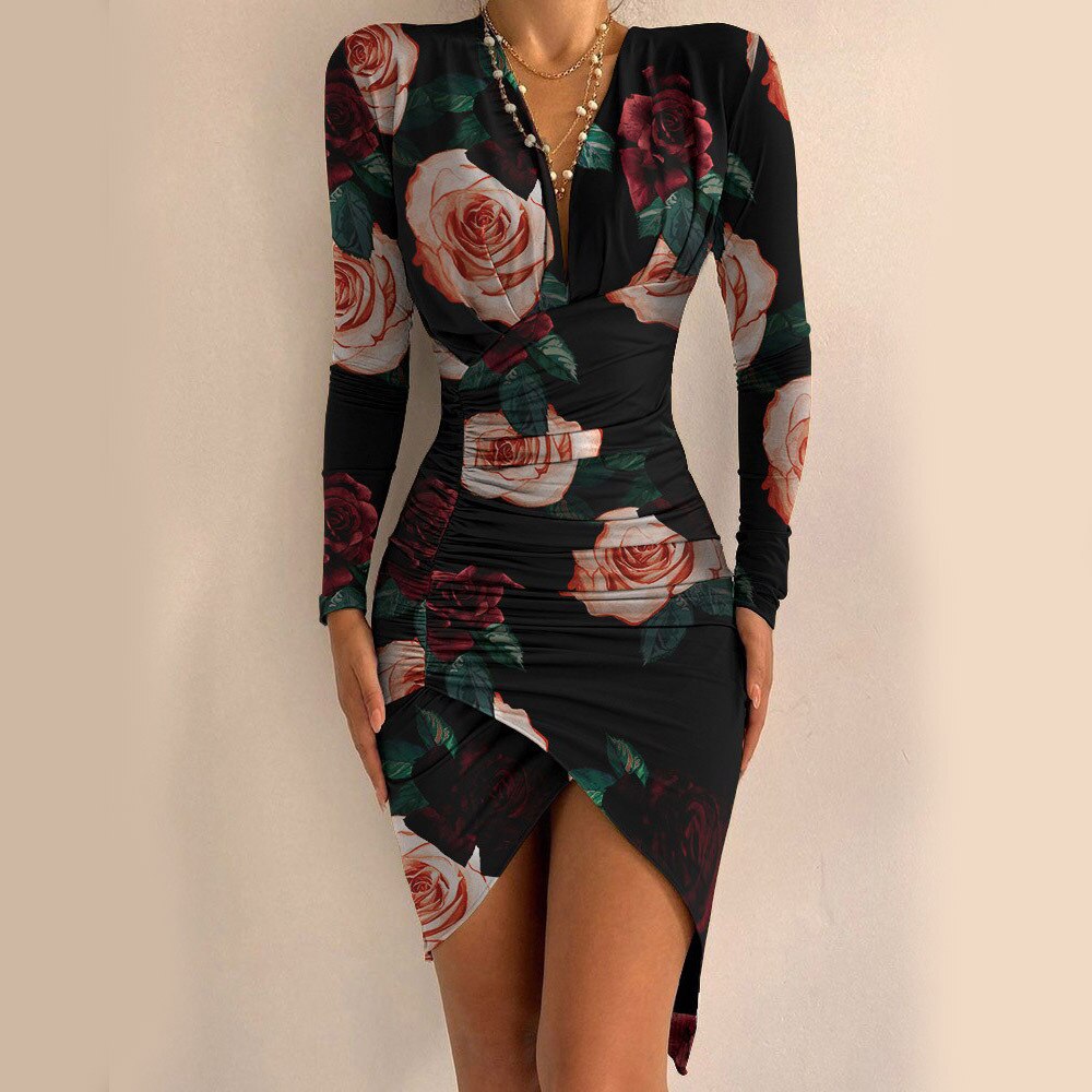 V-Hals geraffineerde bodycon jurk – nieuwjaarsfeestjurk – asymmetrische mini
