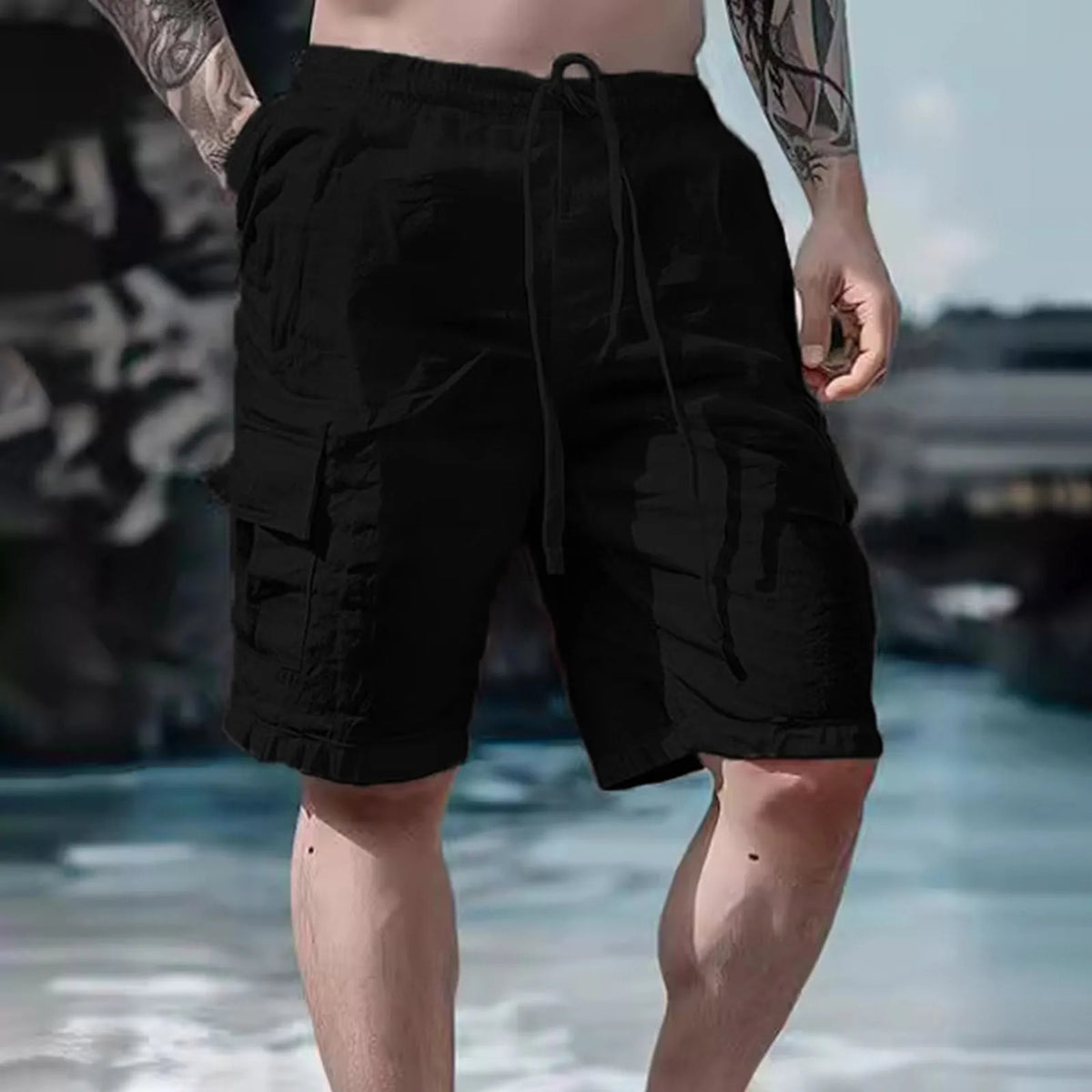 Luchtige linnen herenshorts met wijde pijpen en koordsluiting — afbeelding 4
