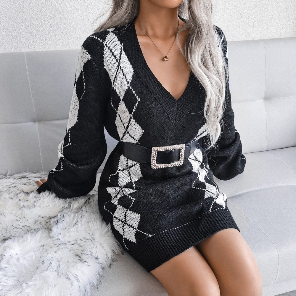 Herfst winter dames V-hals lange mouw geruite trui rok set