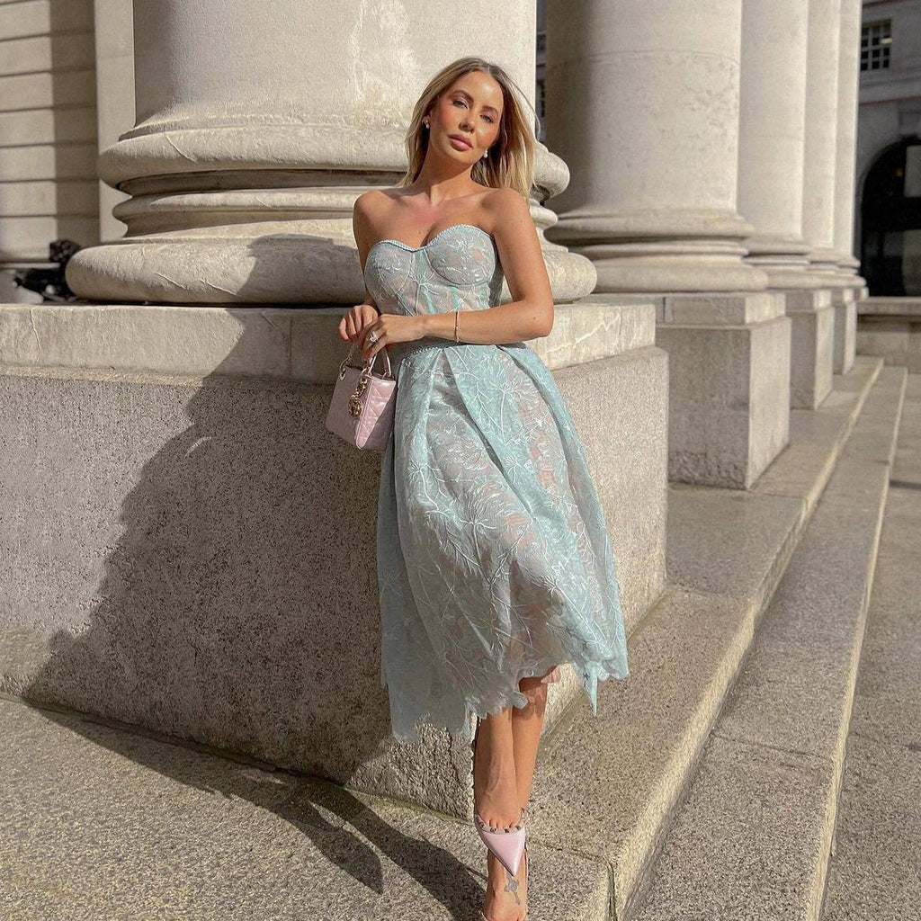 Strapless kant midi jurk met korsettop