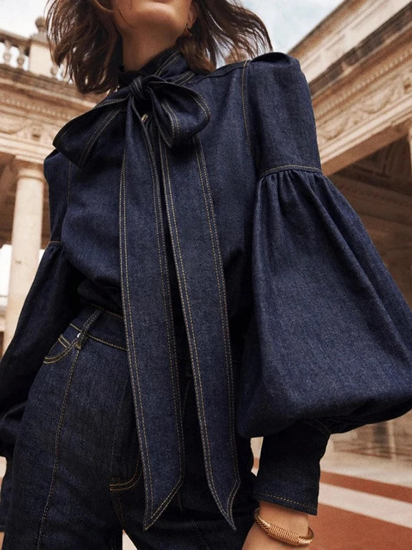 Dames denimblouse met pofmouwen