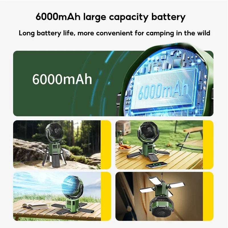 Zonnedraagbare campingventilator met 6000mAh batterij, LED-Licht & 4-Snelheden