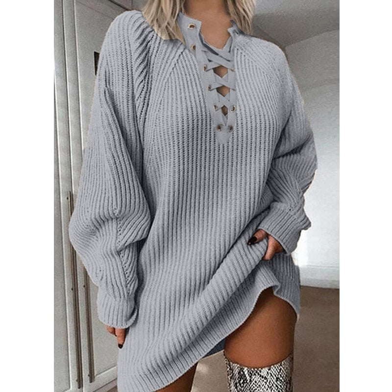 V-hals herfst lange mouw gebreide pullover trui jurk – vetersluiting