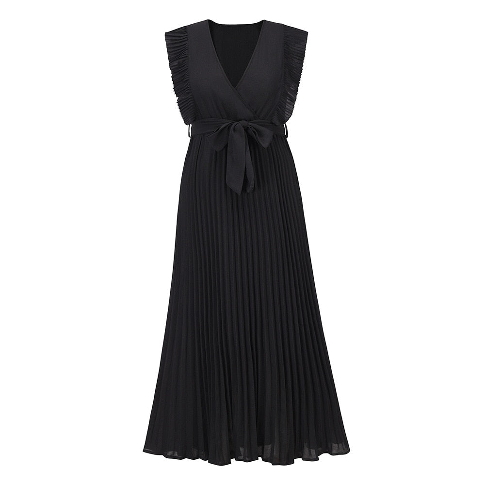 Mouwloze V-Hals zomerjurk – geplooide chiffon maxi met riem