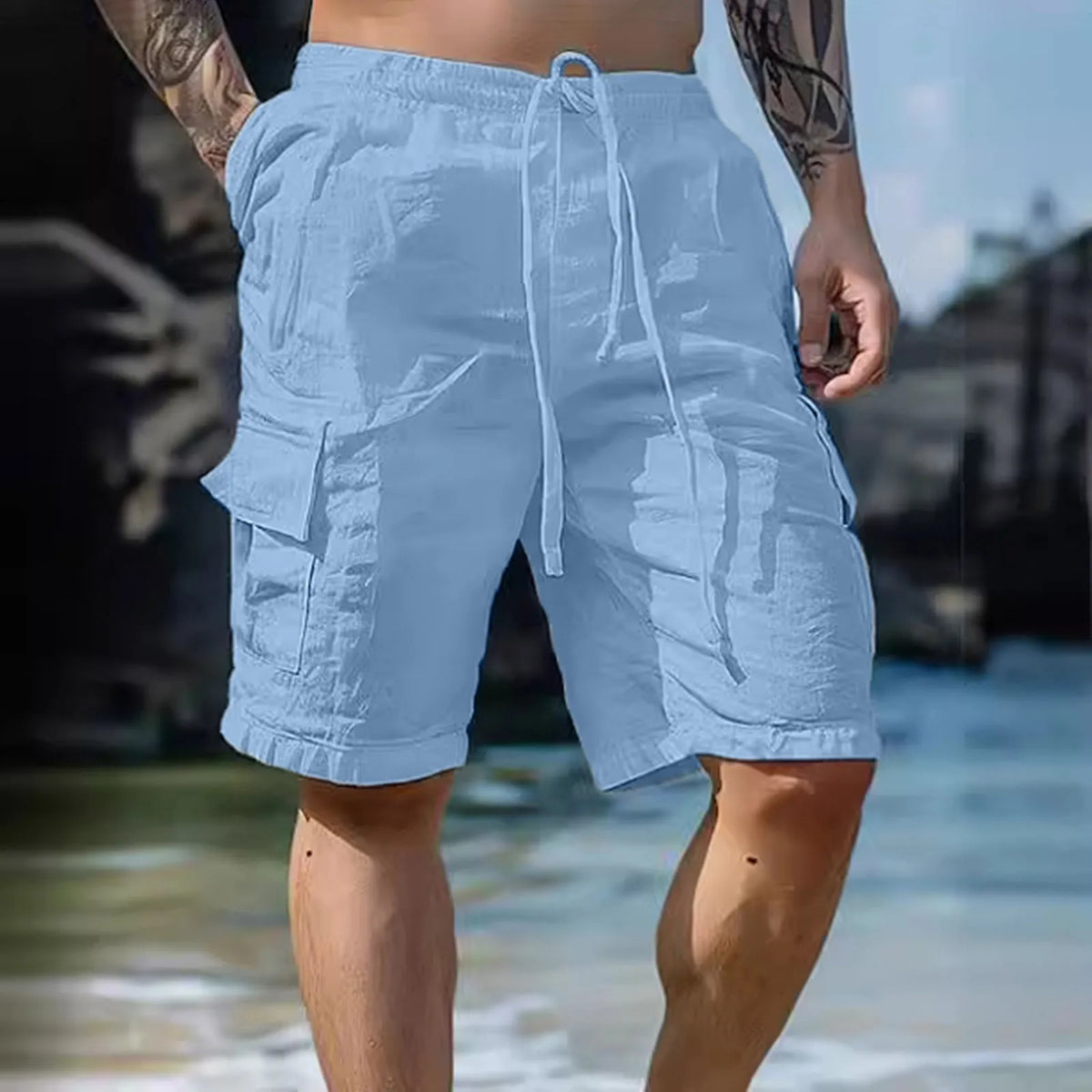 Luchtige linnen herenshorts met wijde pijpen en koordsluiting — afbeelding 5