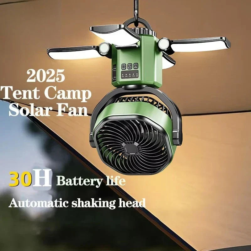 Zonnedraagbare campingventilator met 6000mAh batterij, LED-Licht & 4-Snelheden