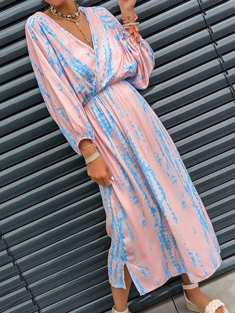 Geometrische print boho puff mouw V-Hals jurk | strandvakantie kleding – materiaal: Polyester — afbeelding 3