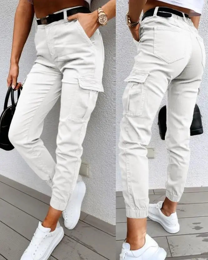 Dames cargo broek met stretch en hoge taille