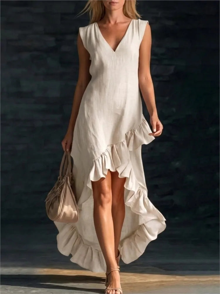 Mouwloze maxi-jurk met V-hals en asymmetrische ruchezoom
