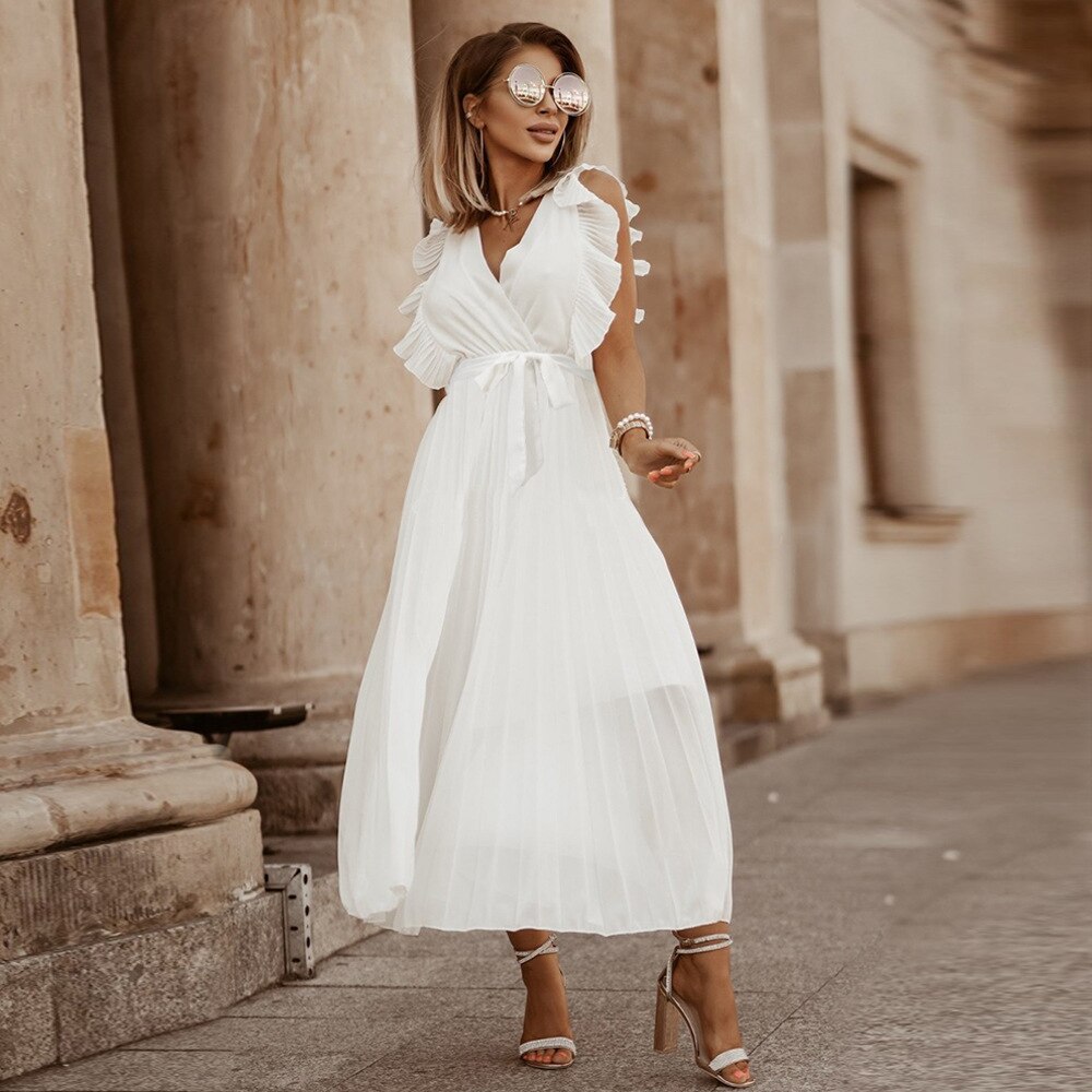 Mouwloze V-Hals zomerjurk – geplooide chiffon maxi met riem