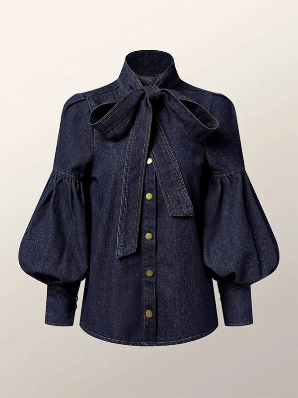 Dames denimblouse met pofmouwen
