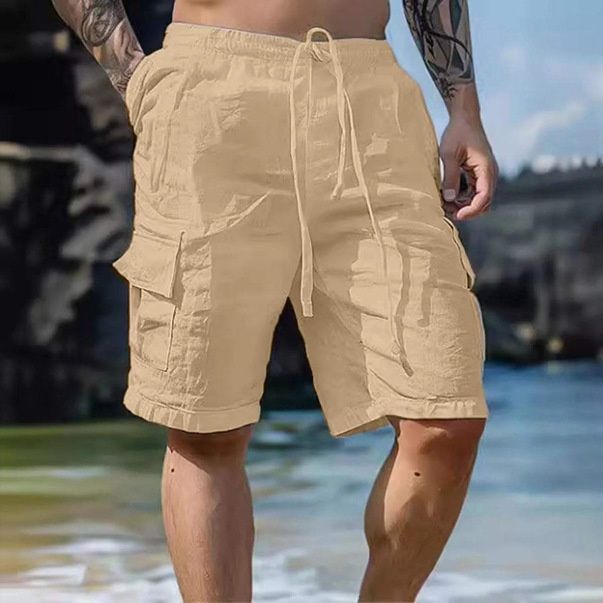 Luchtige linnen herenshorts met wijde pijpen en koordsluiting