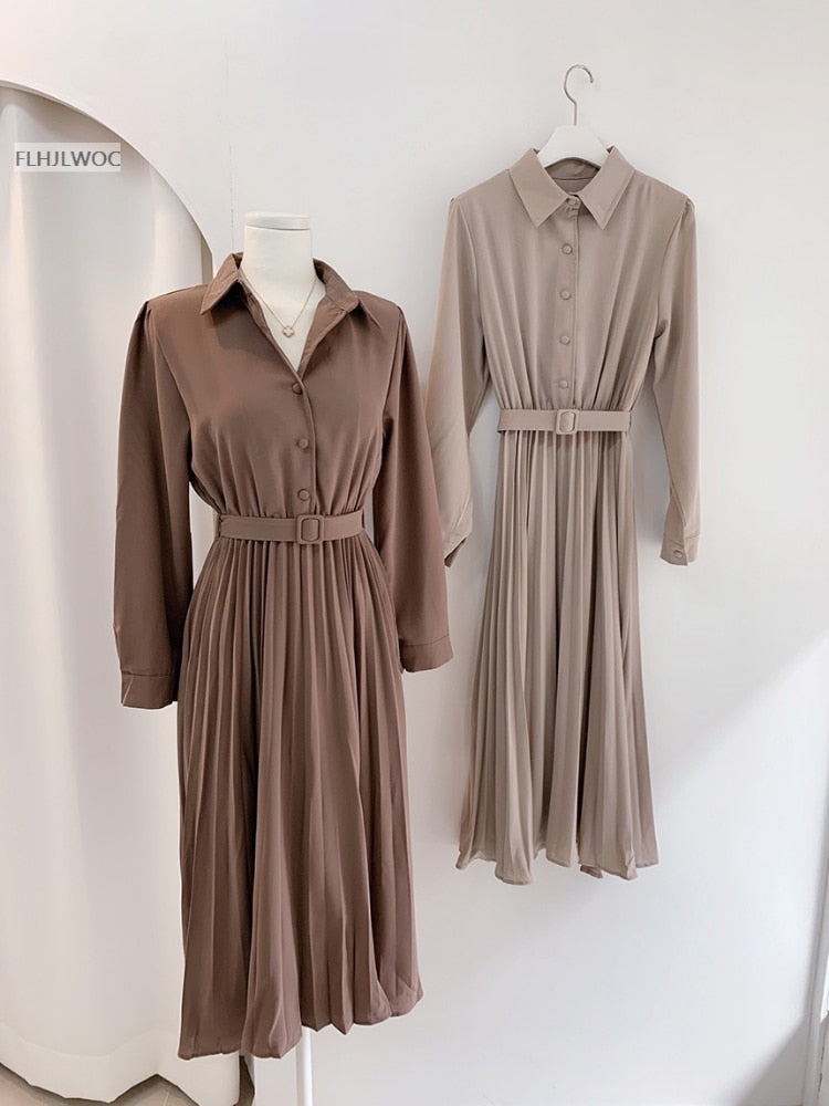 Hoge taille geplooide maxi jurk – lange mouwen met riem