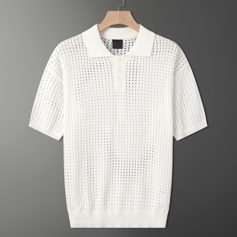 Witte luchtige herenpolo met fijne knitstructuur