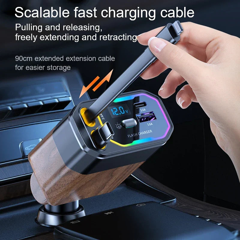 120W 4-in-1 opvouwbare auto oplader met USB-C & sigarettenaansteker adapter