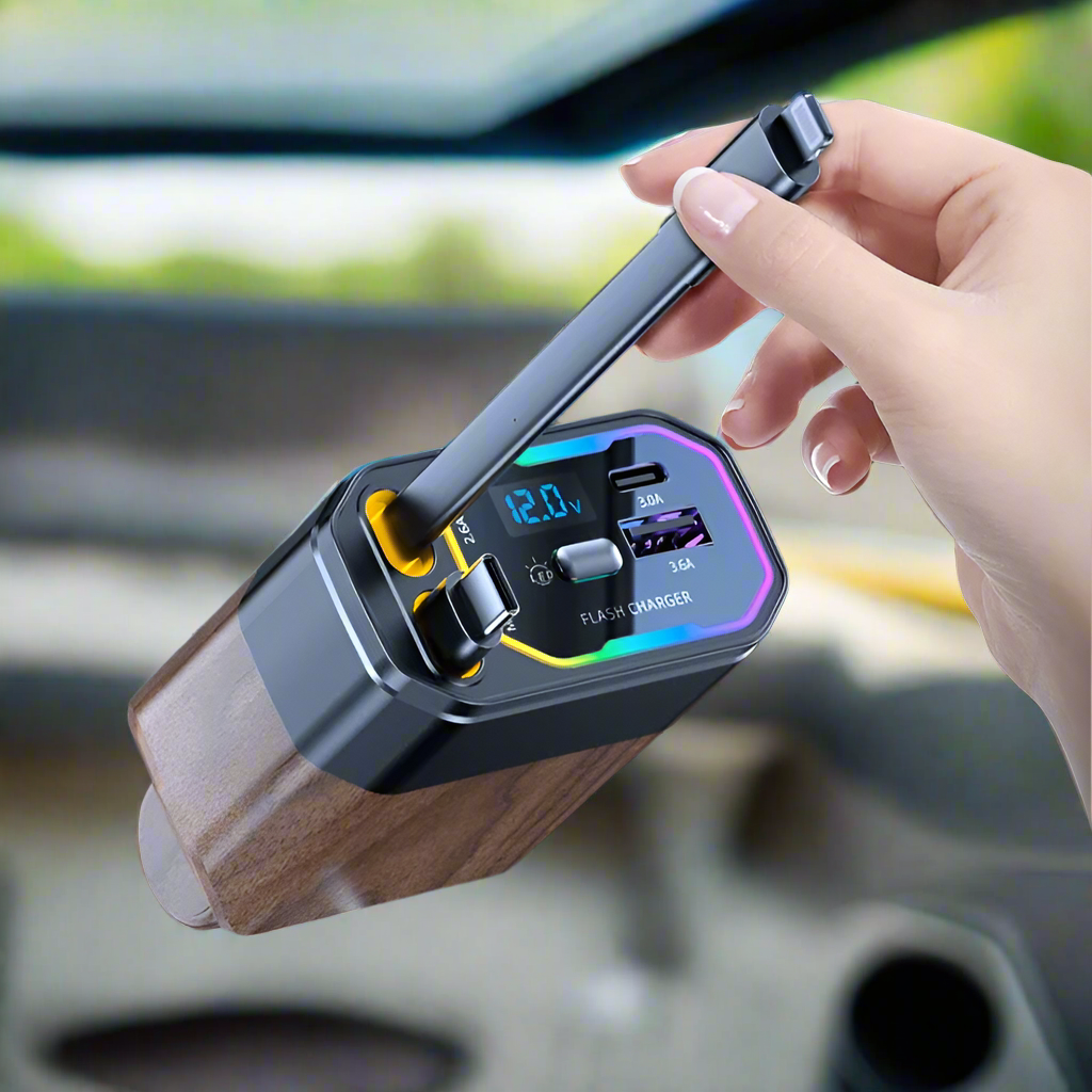 120W 4-in-1 opvouwbare auto oplader met USB-C & sigarettenaansteker adapter