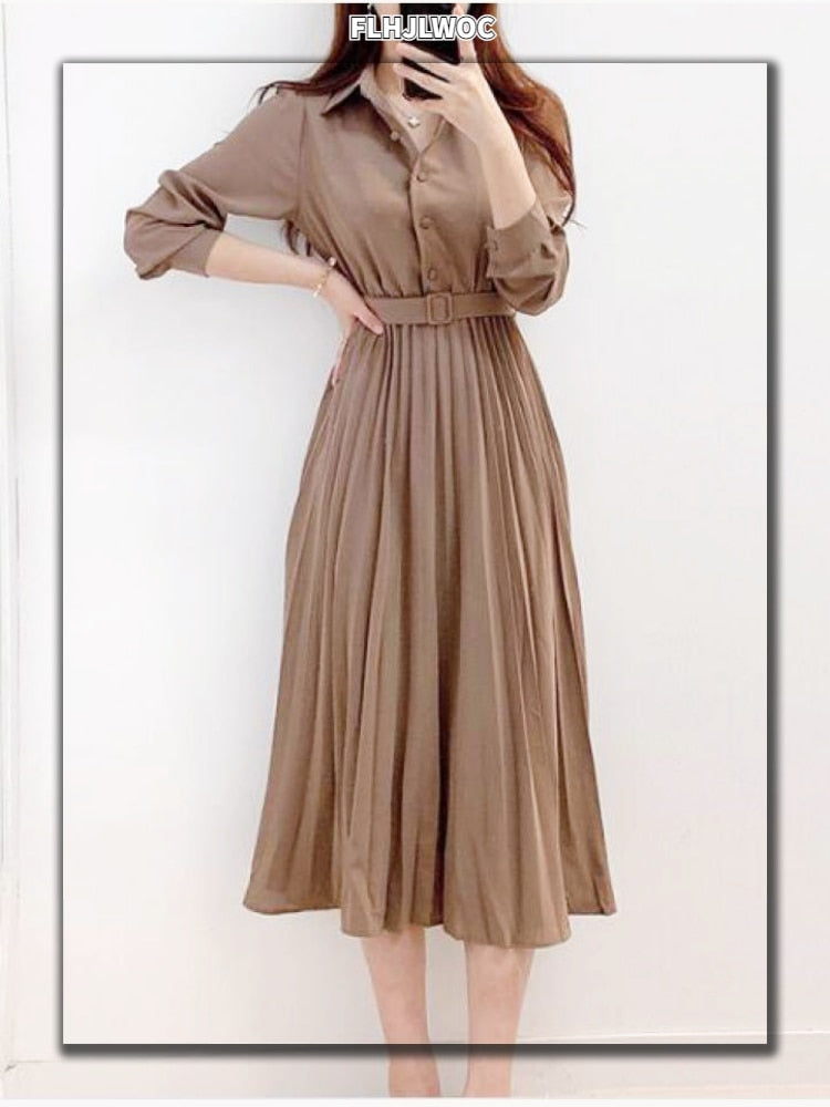 Hoge taille geplooide maxi jurk – lange mouwen met riem