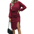 Geribde gebreide bodycon lange mouwen jurk – herfst-winter sexy split