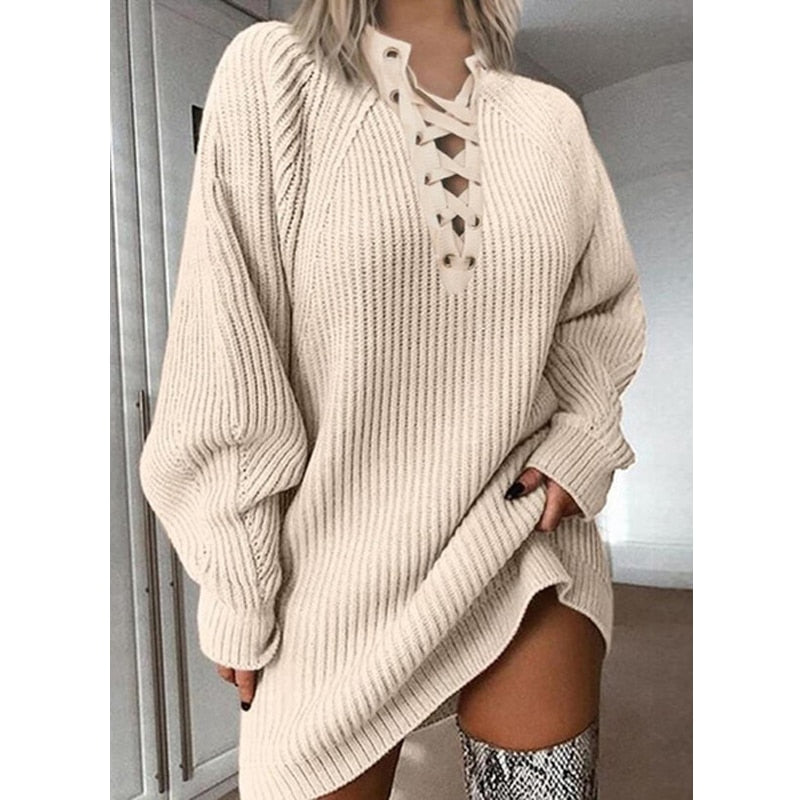 V-hals herfst lange mouw gebreide pullover trui jurk – vetersluiting