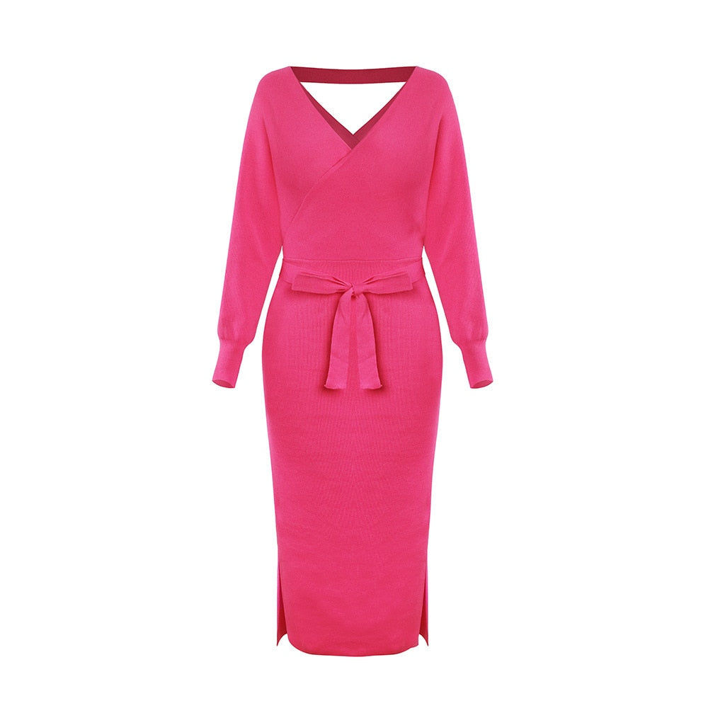 Gebreide V-Hals jurk – slim fit wol mode