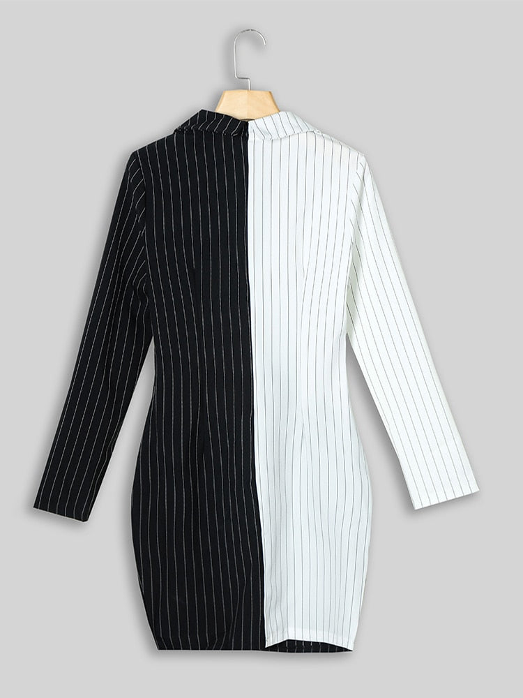 Patchwork gestreepte blazer jurk – kantoor dame mini jurk