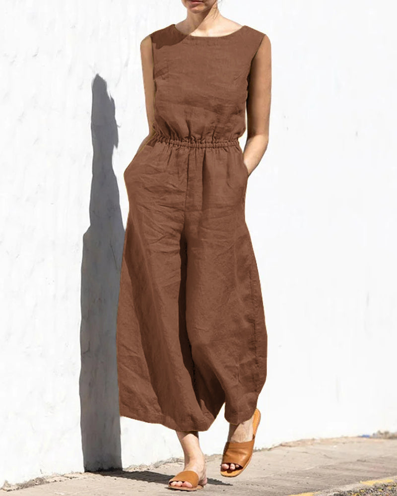 Mouwloze dames jumpsuit met wijde pijpen