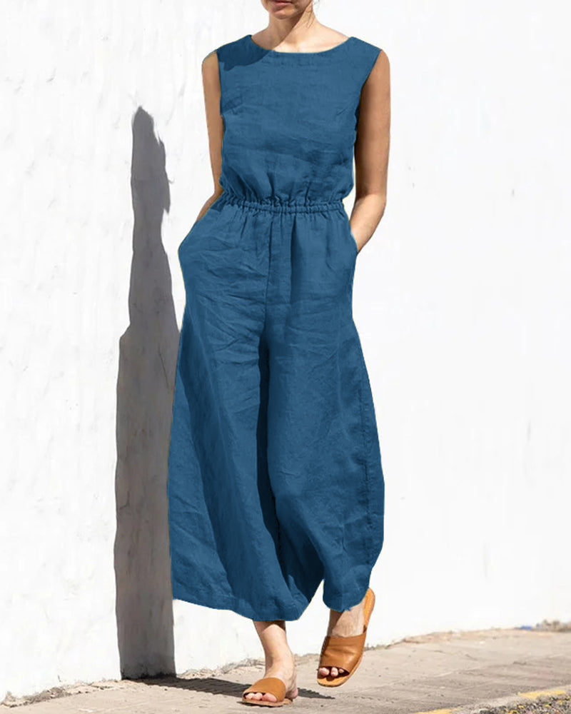 Mouwloze dames jumpsuit met wijde pijpen