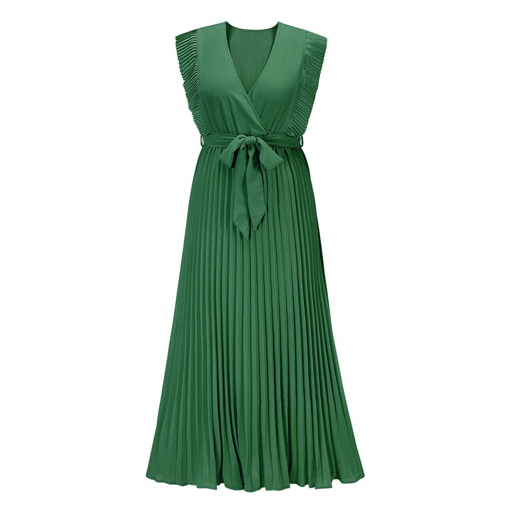 Mouwloze V-Hals zomerjurk – geplooide chiffon maxi met riem
