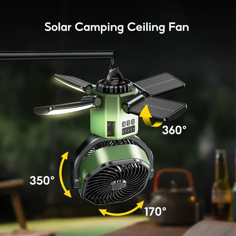Zonnedraagbare campingventilator met 6000mAh batterij, LED-Licht & 4-Snelheden