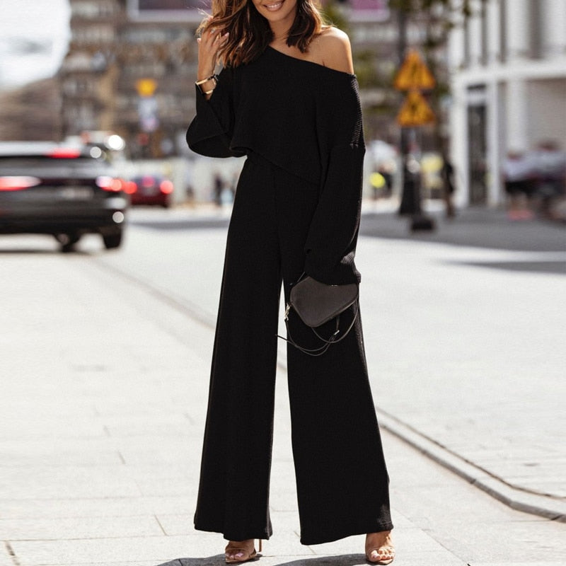 Casual losvallende effen wafel voorjaarsset – hoge taille wijde broek & lange mouw