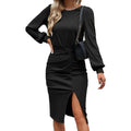 Geribde gebreide bodycon lange mouwen jurk – herfst-winter sexy split