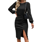 Geribde gebreide bodycon lange mouwen jurk – herfst-winter sexy split